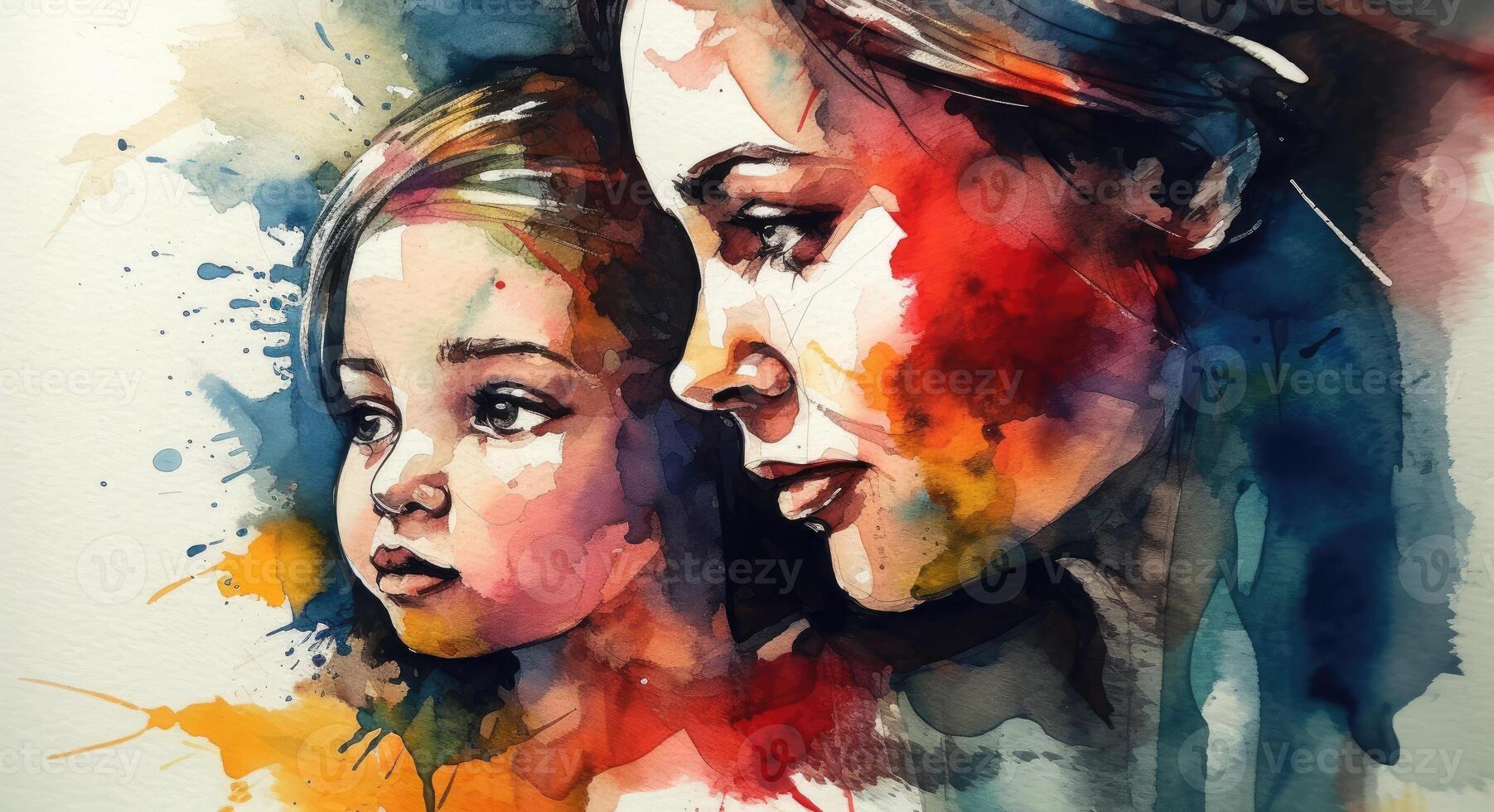 A watercolor drawing of a a mother and child together, illustration with photo