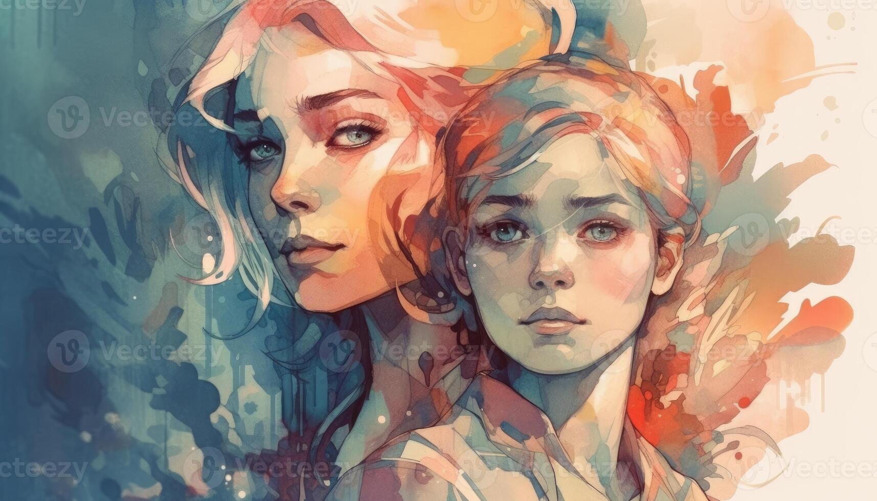 A watercolor drawing of a a mother and child together, illustration with photo