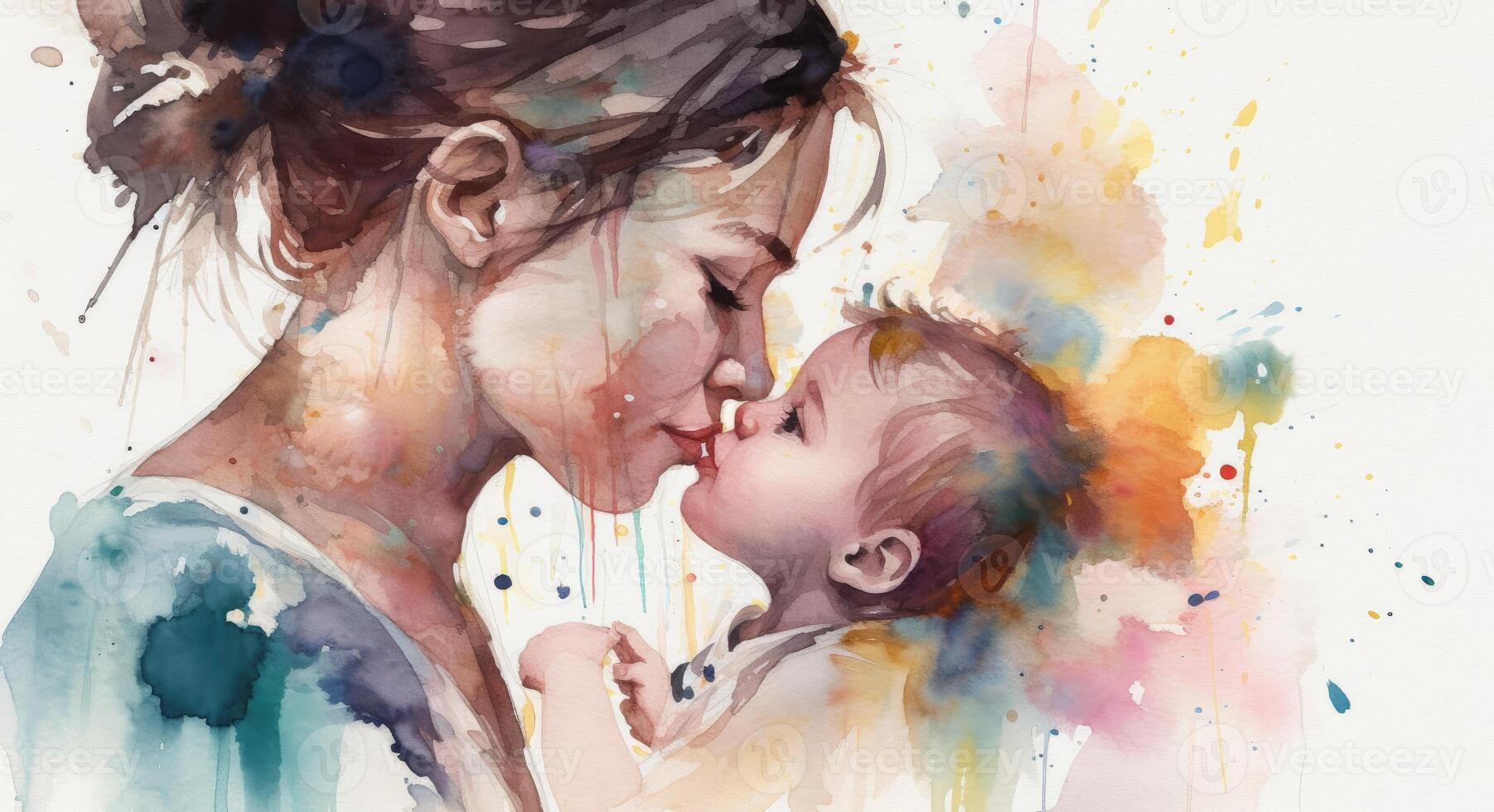 A watercolor drawing of a a mother and child together, illustration with photo