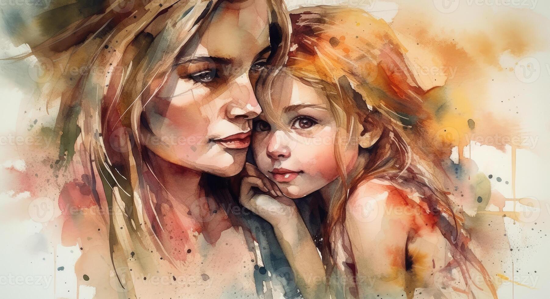 A watercolor drawing of a a mother and child together, illustration with photo