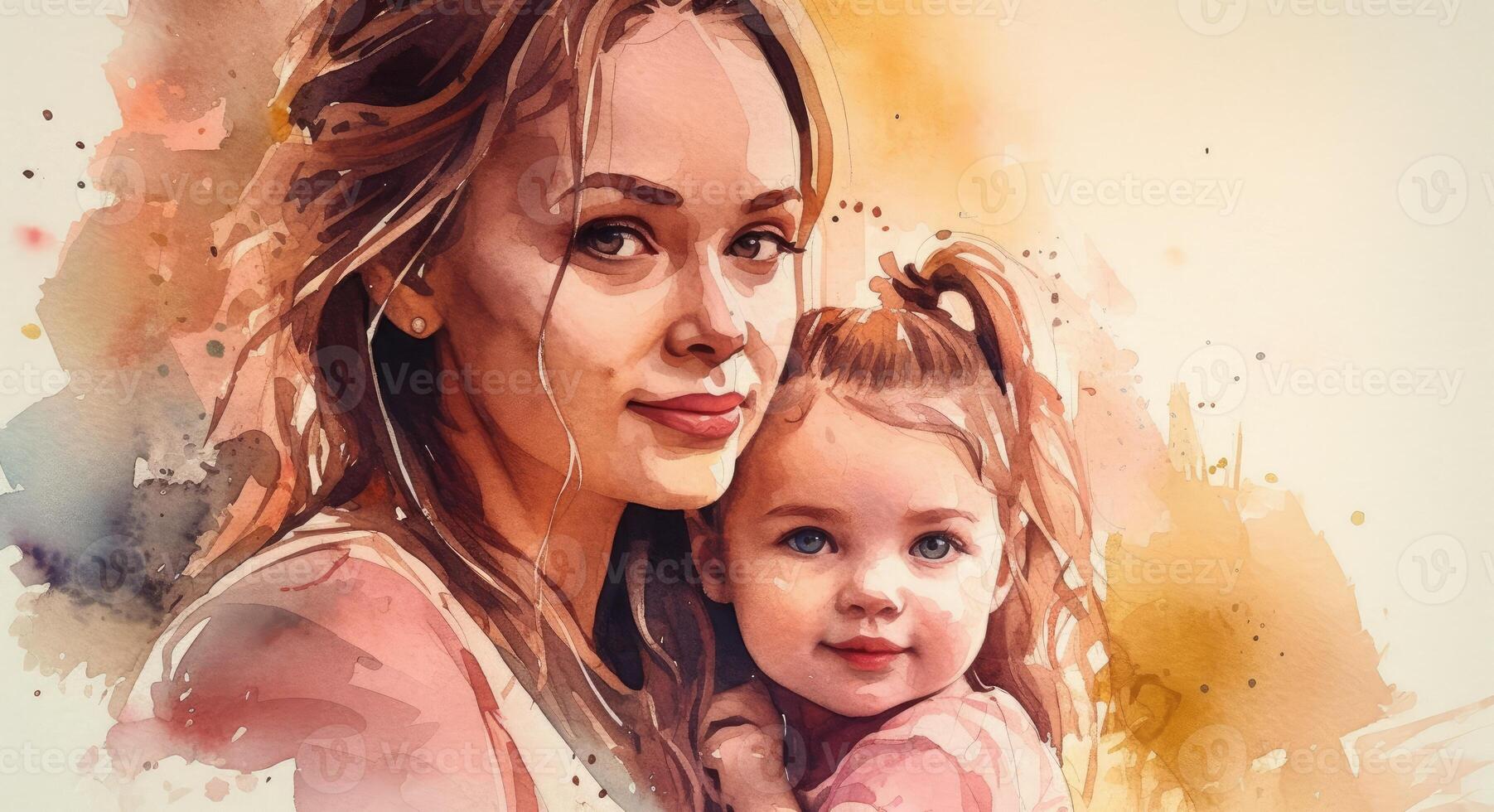A watercolor drawing of a a mother and child together, illustration with photo