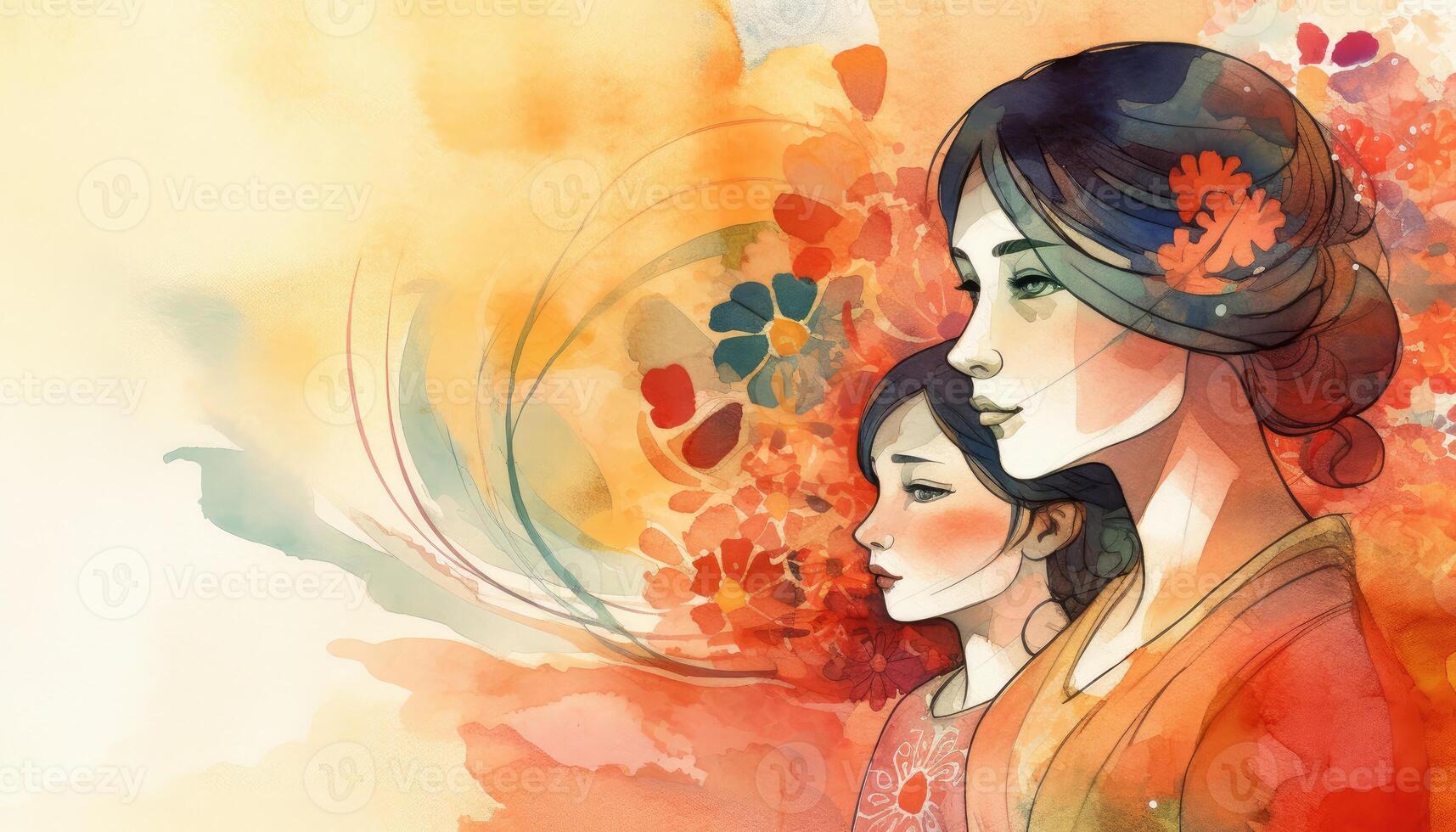 A watercolor drawing of a a mother and child together, illustration with photo