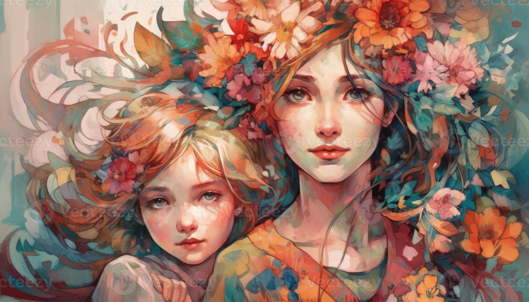 A watercolor drawing of a a mother and child together, illustration with photo