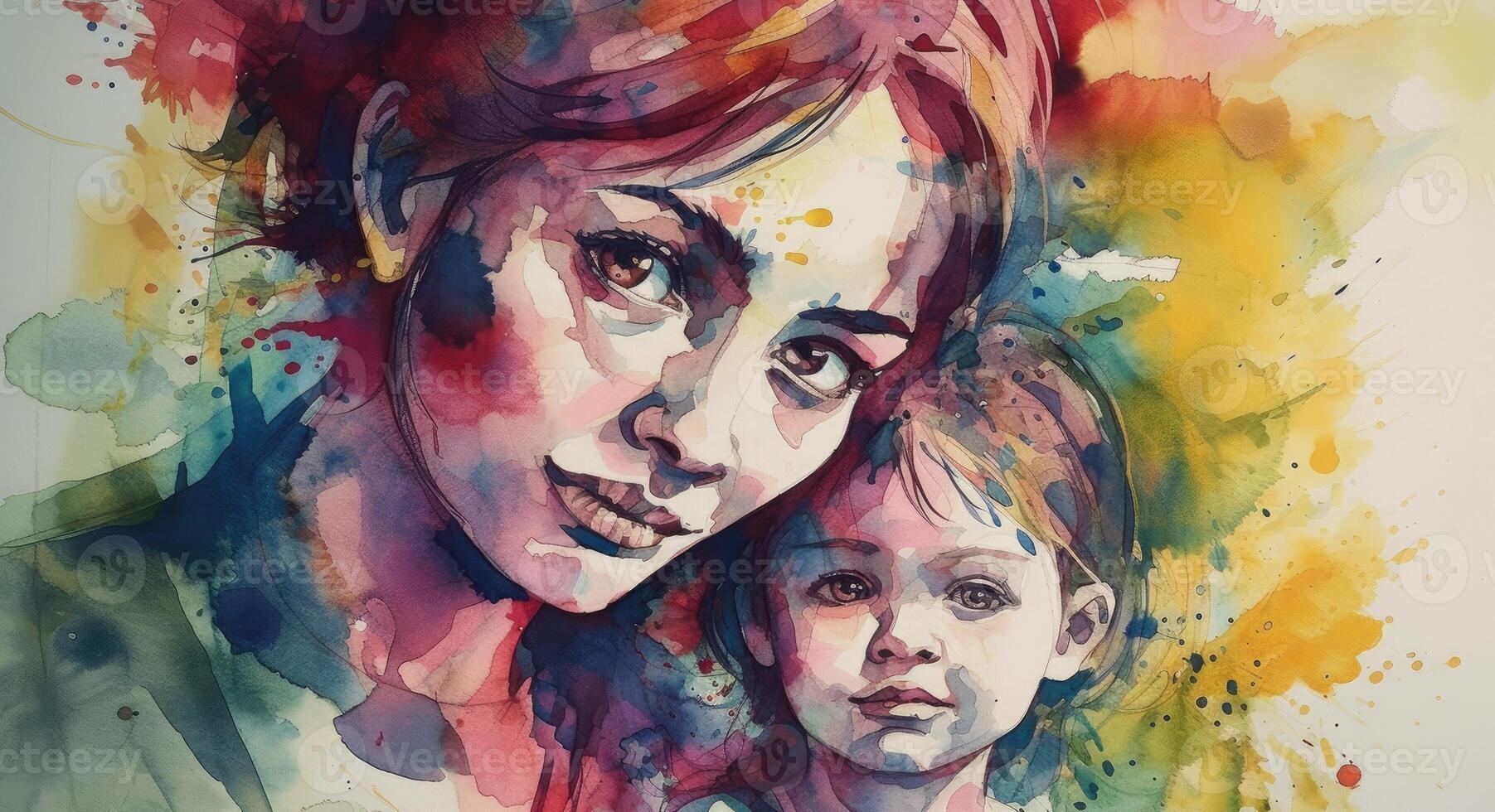 A watercolor drawing of a a mother and child together, illustration with photo