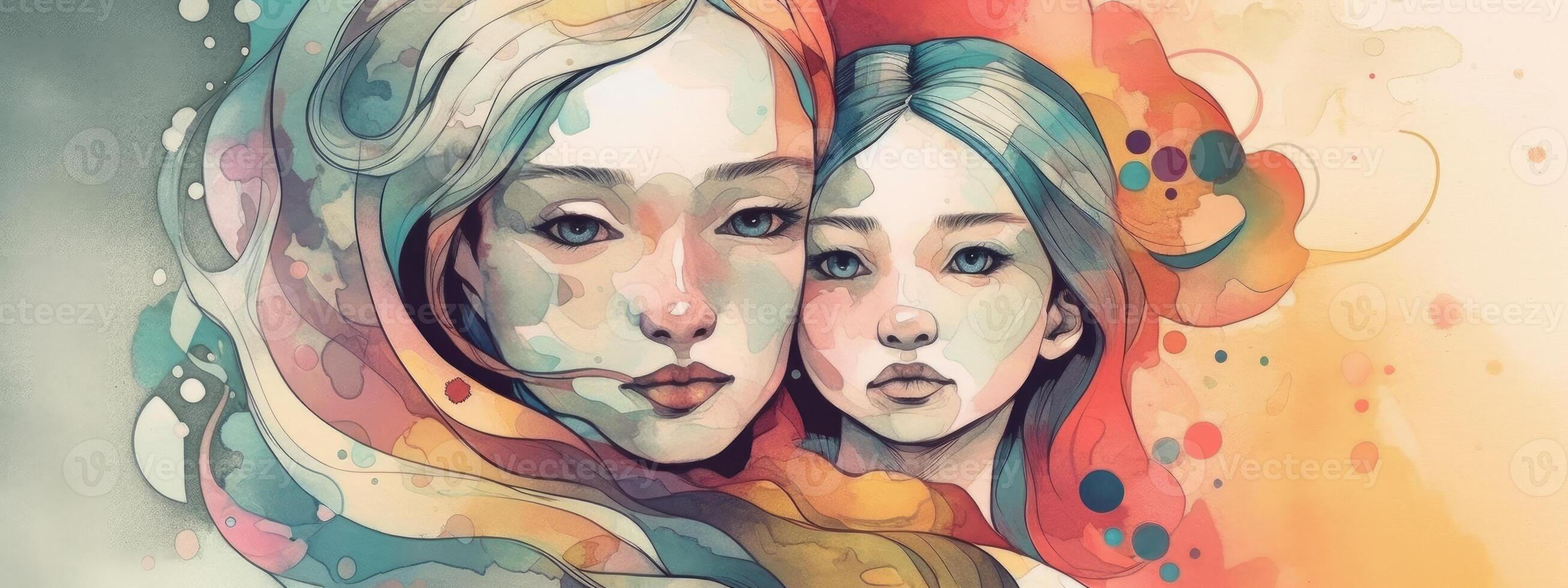 A watercolor drawing of a a mother and child together, illustration with photo