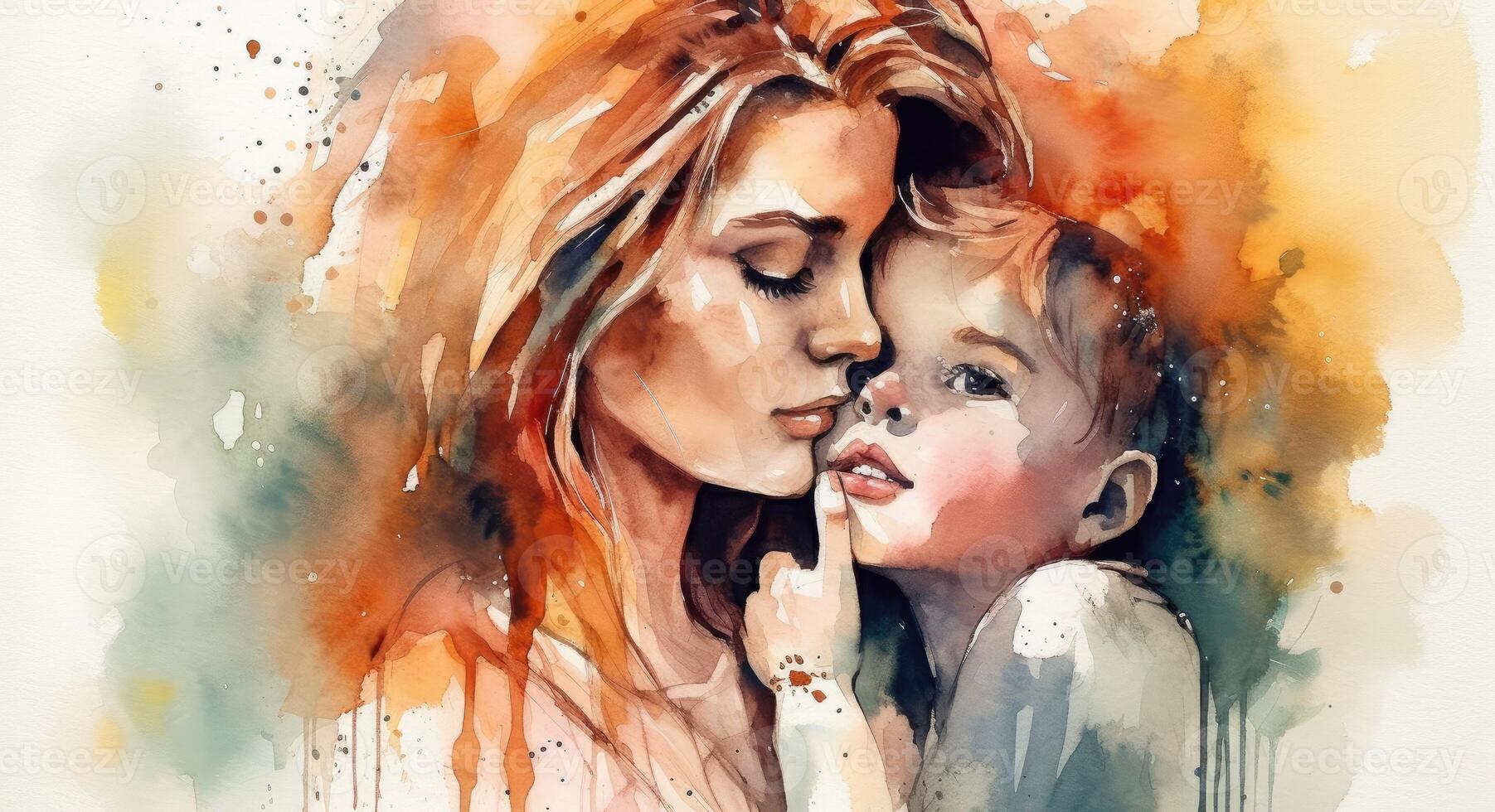 A watercolor drawing of a a mother and child together, illustration with photo