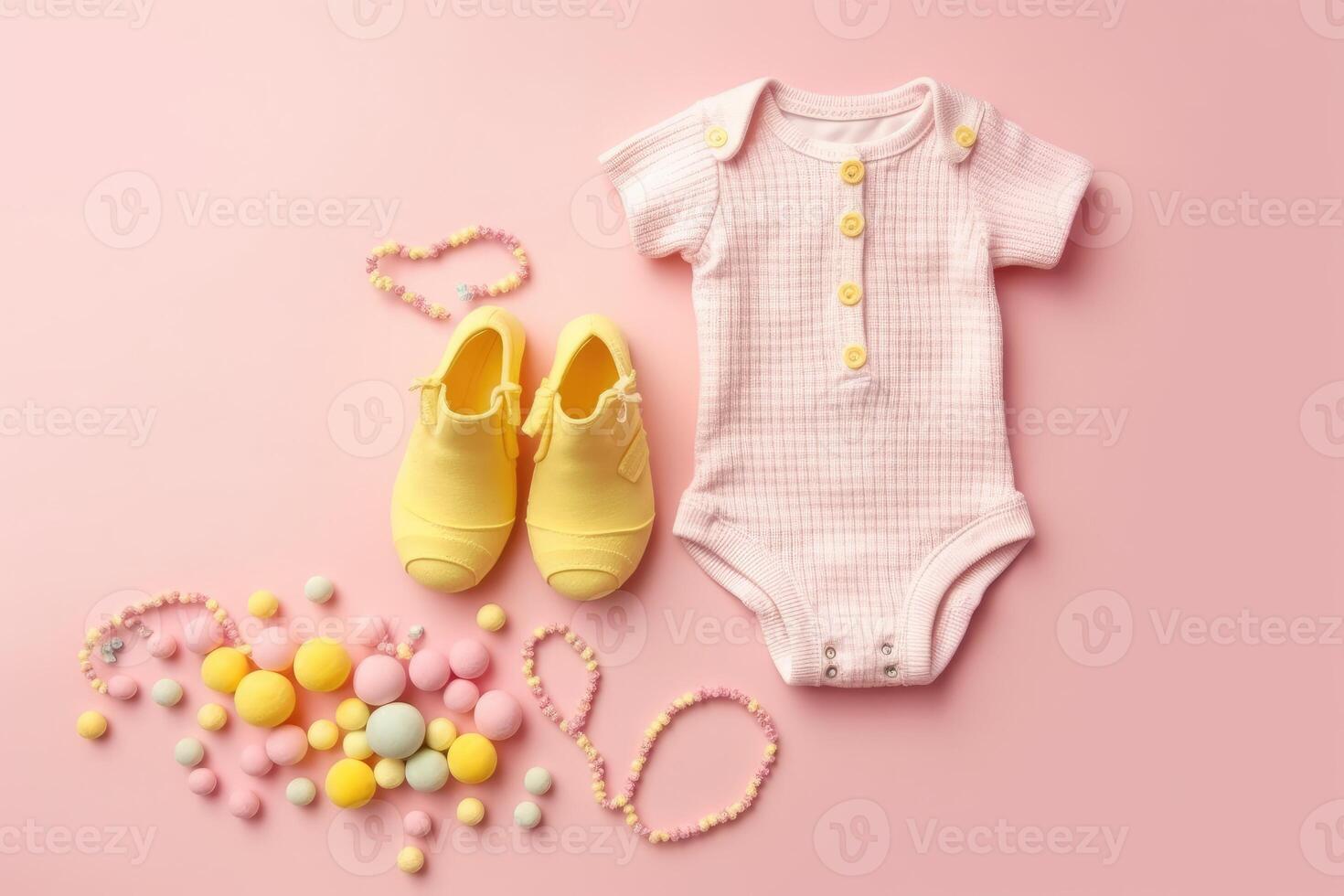 Baby accessories concept. Top view photo of baby clothes with empty space on isolated pastel background.