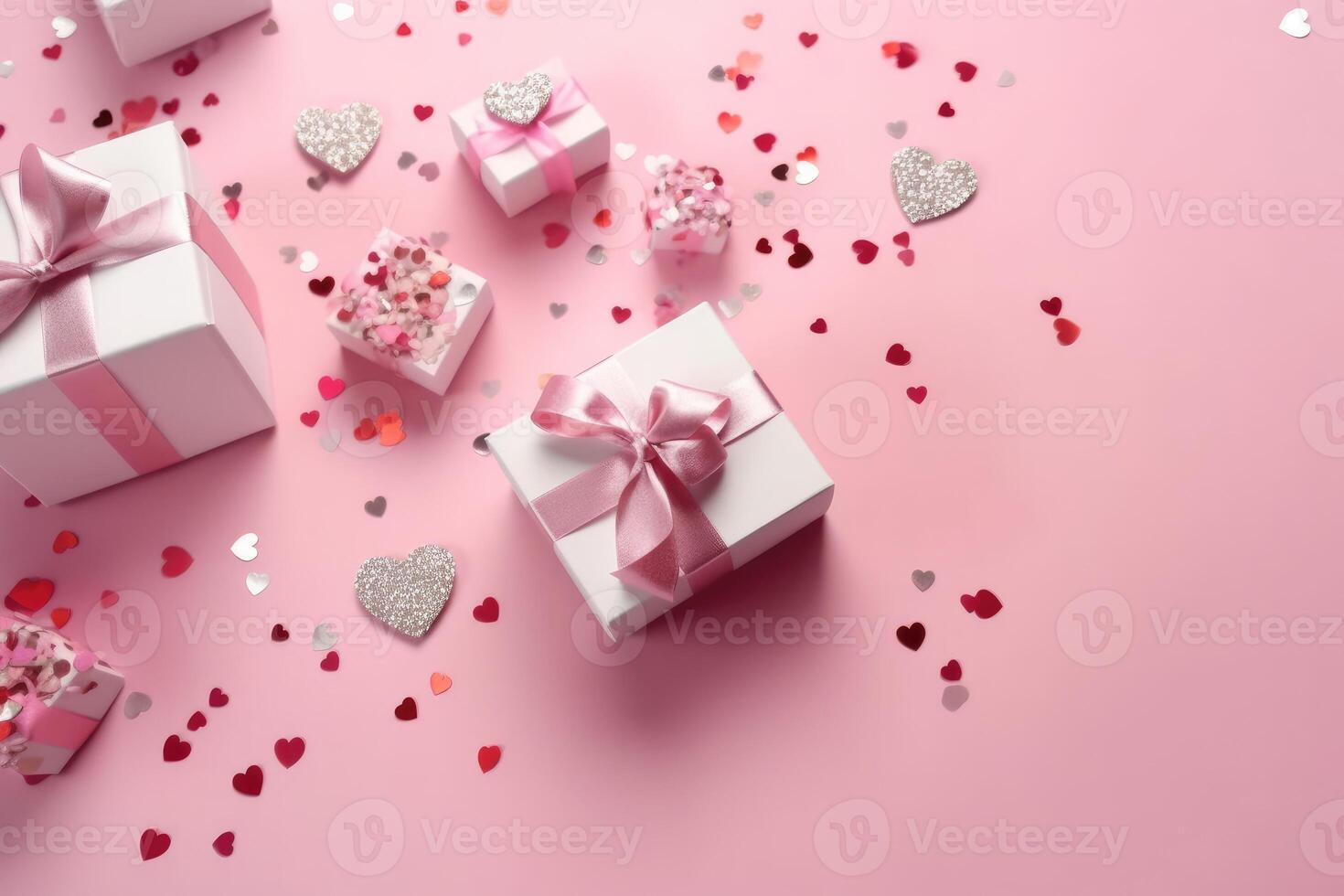 Top view photo of pink gift boxes with pink bow on isolated pastel pink