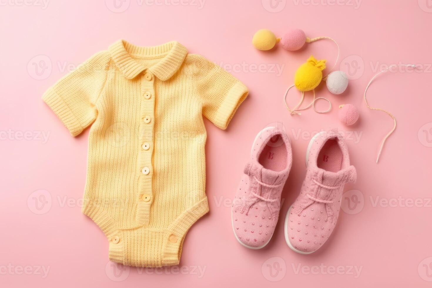 Baby accessories concept. Top view photo of baby clothes with empty