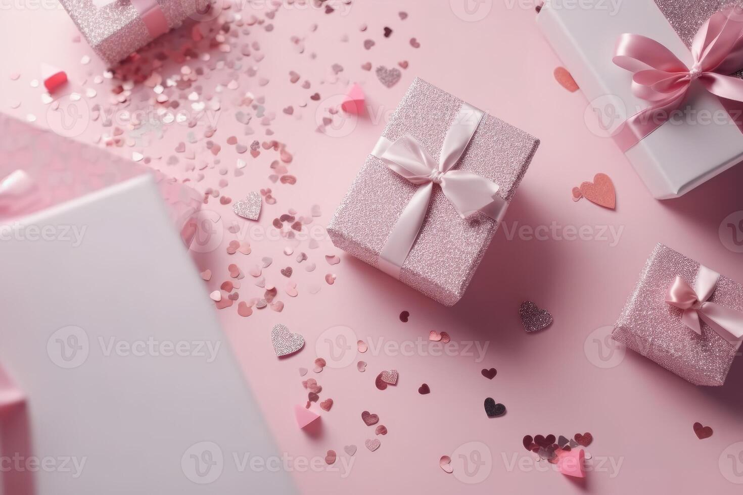 Top view photo of pink gift boxes with pink bow on isolated pastel pink