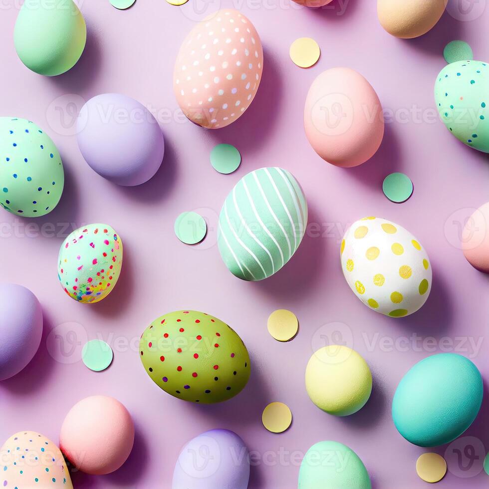 Top view photo of easter decorations multicolored easter eggs on isolated pastel background. Colorful Easter Egg bottom border over a pastel paper banner background. i
