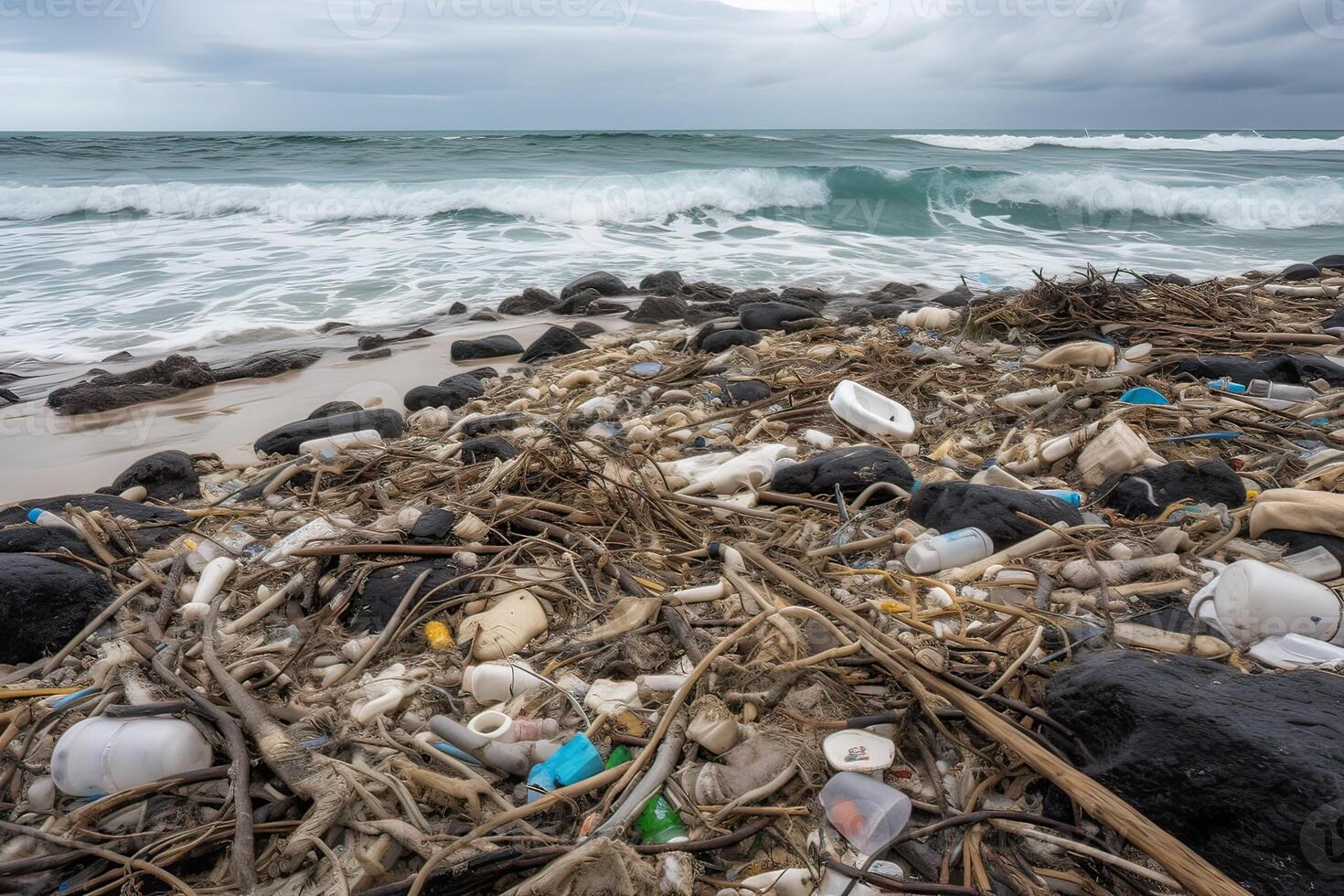 Spilled garbage on the beach of the big city. Empty used dirty plastic bottles. Dirty sea sandy shore the Black Sea. Environmental pollution. Ecological problem. . photo