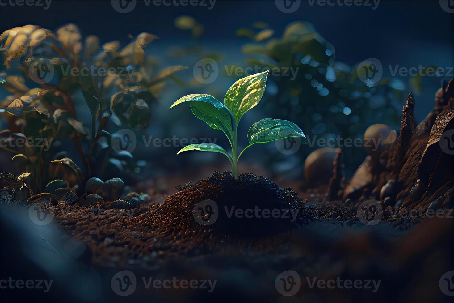 Young Plant Growing In Sunlight. agriculture plant seeding growing step concept in garden and sunlight. photo