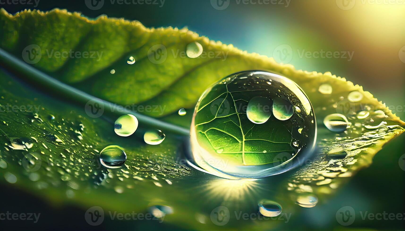 Large beautiful drops of transparent rain water on a green leaf macro. Drops of dew in the morning glow in the sun. Beautiful leaf texture in nature. Natural background. photo