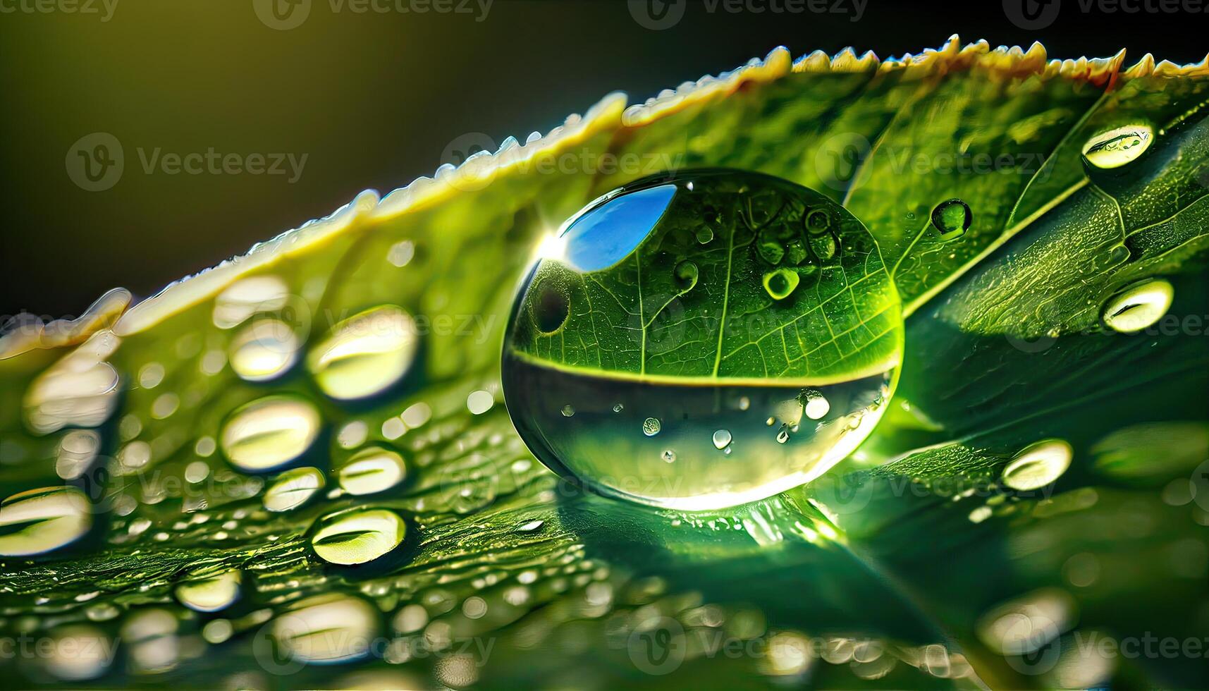 Large beautiful drops of transparent rain water on a green leaf macro. Drops of dew in the morning glow in the sun. Beautiful leaf texture in nature. Natural background. photo