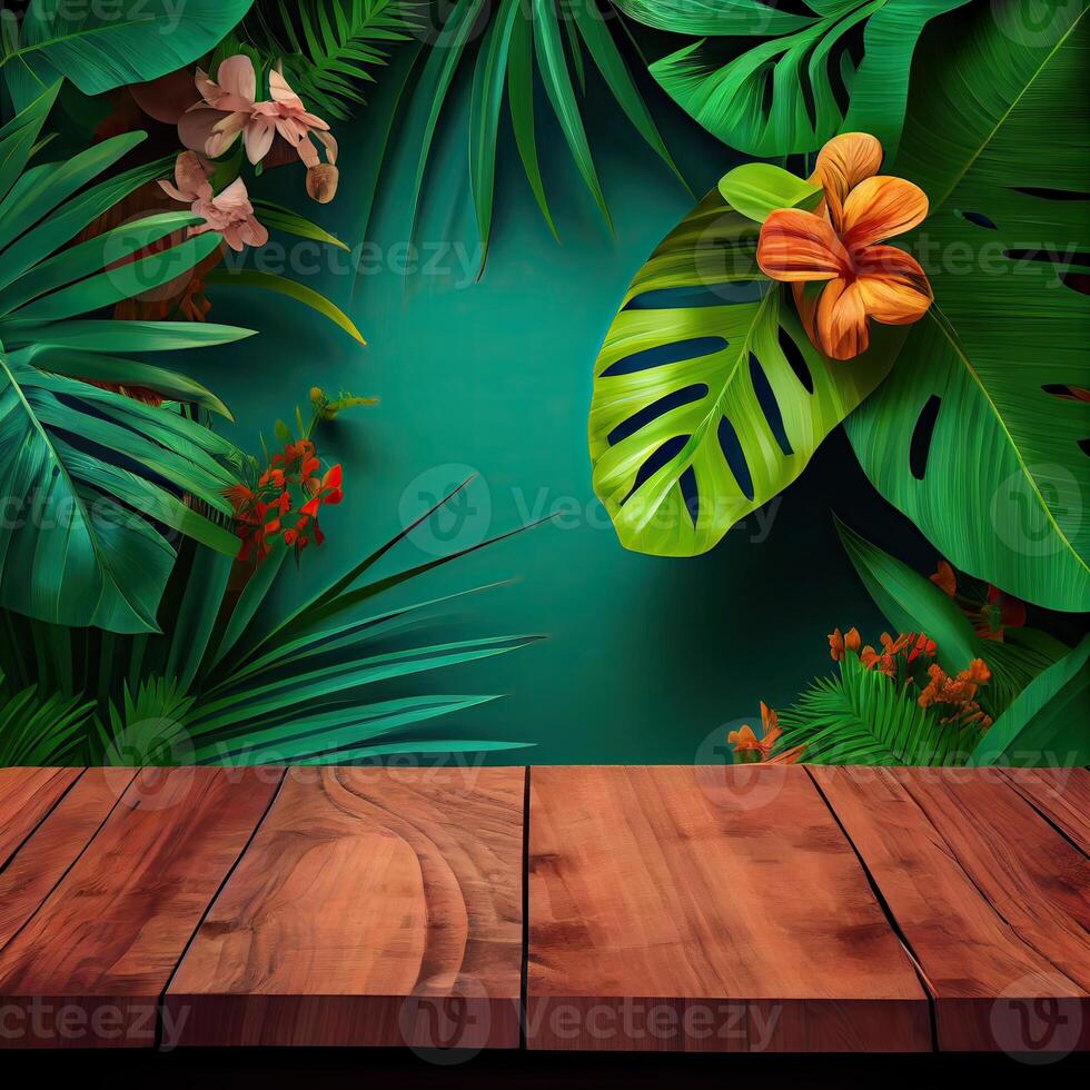 wooden table background for Empty show for packaging product presentation. Background for cosmetic products, the scene with green leaves. . photo
