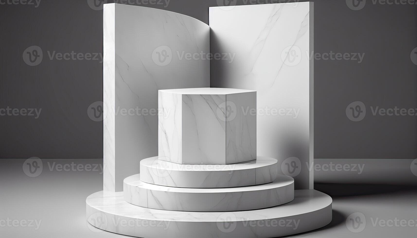 Marble product display on black background with modern backdrops studio. Empty pedestal or podium platform. photo