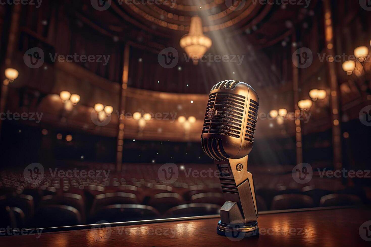 Microphone On The Theater Stage Before The Concert With Empty Seats And Blurred Lights. . photo