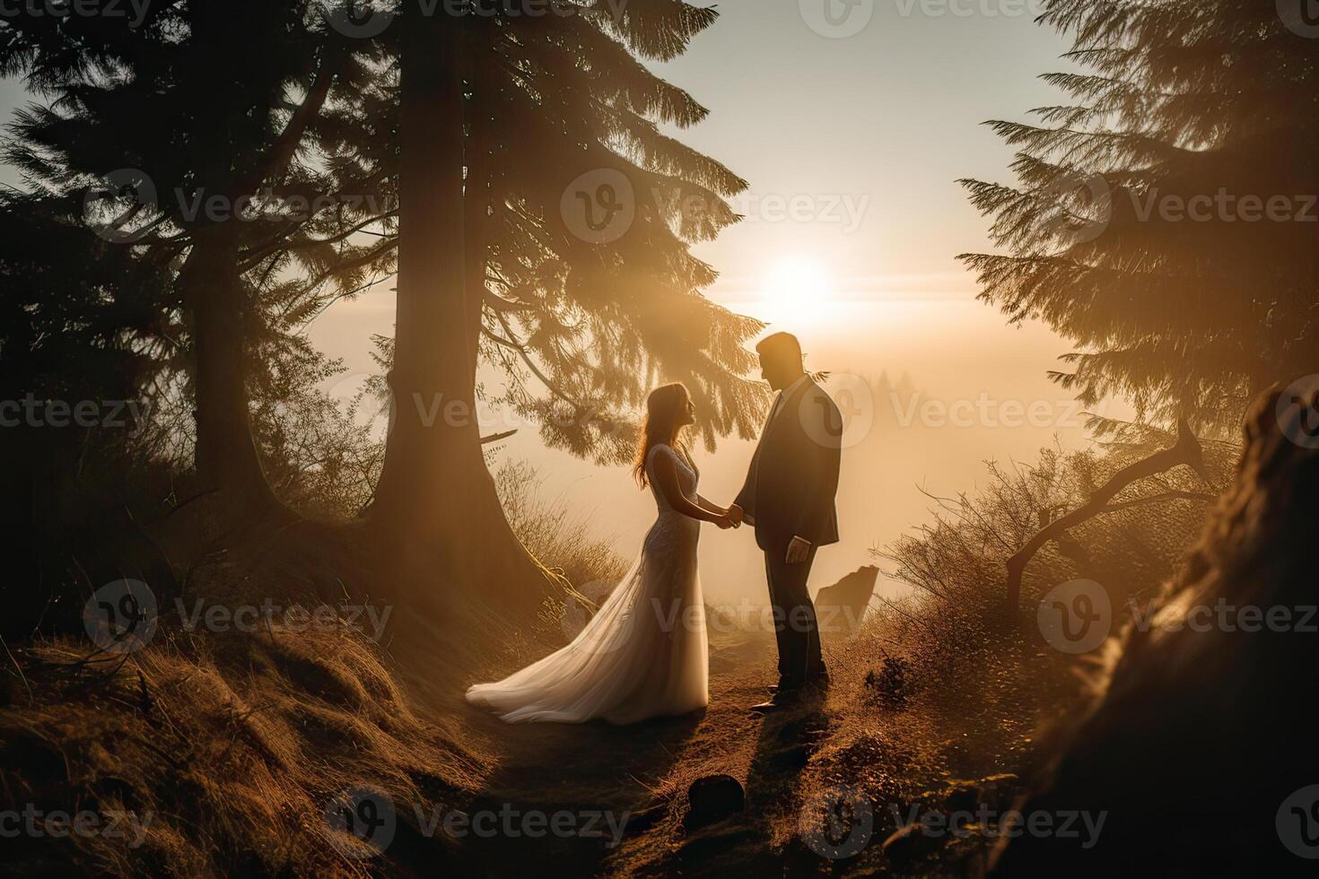 Wedding silhouette couple posing on sunset in beautiful forest at wedding day. Bride and groom in love. Non-existent person. . photo