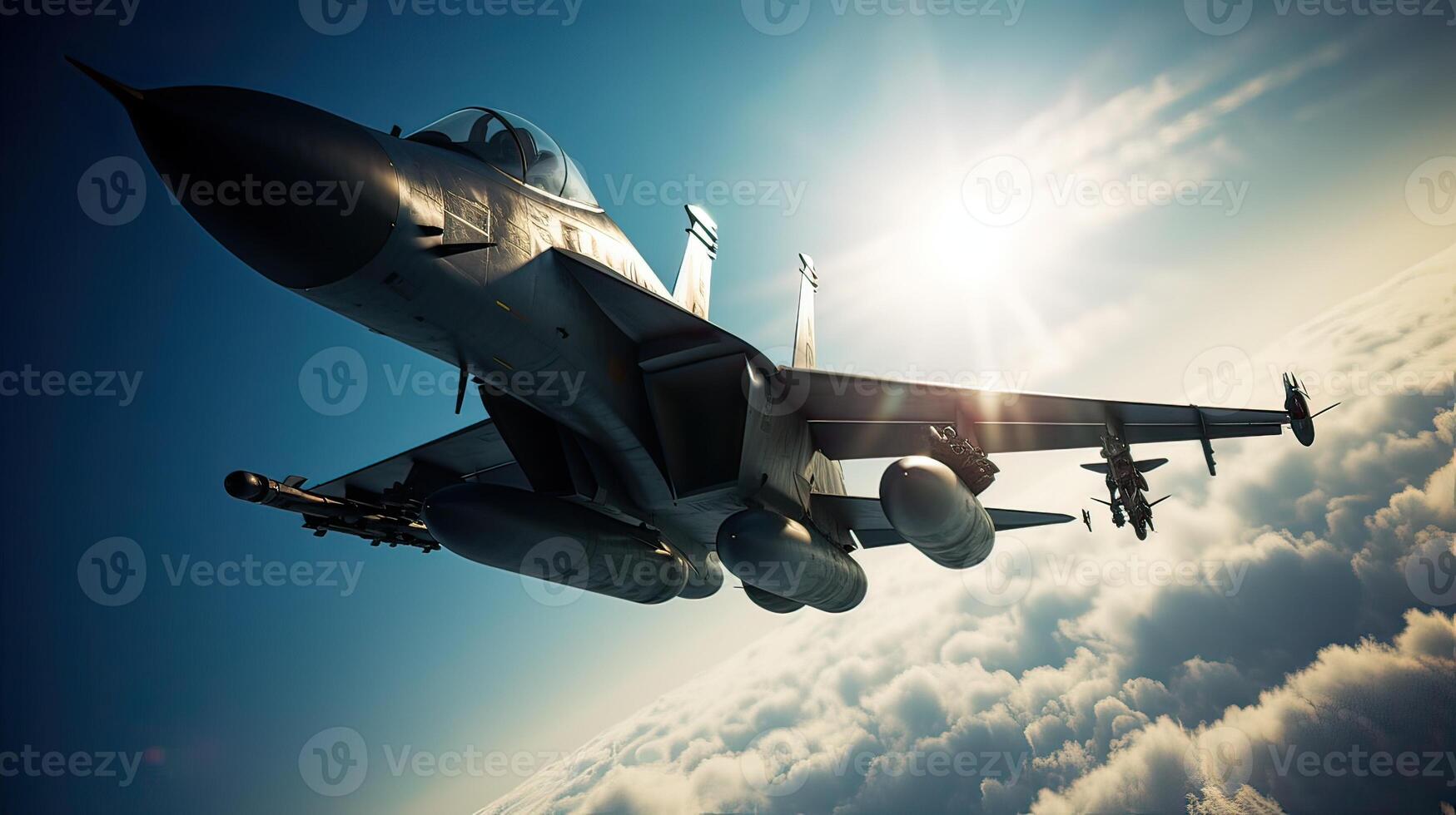 Military fighter aircraft at high speed, flying high in the sky. photo