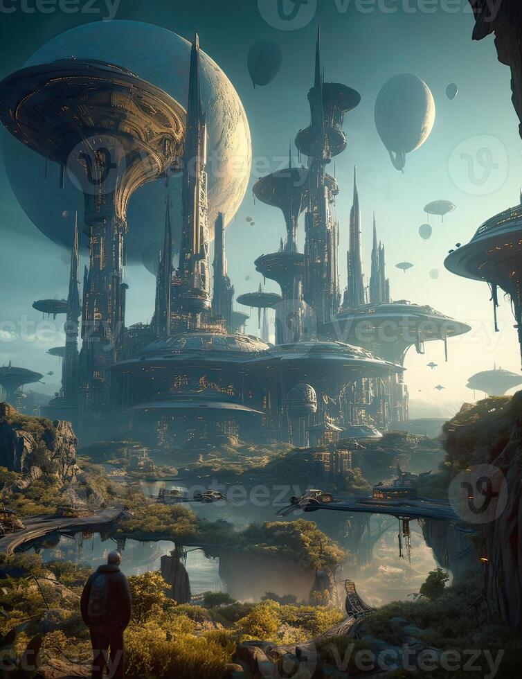 Exoplanet fantastic landscape. Beautiful views of the mountains and sky with unexplored planets. . photo