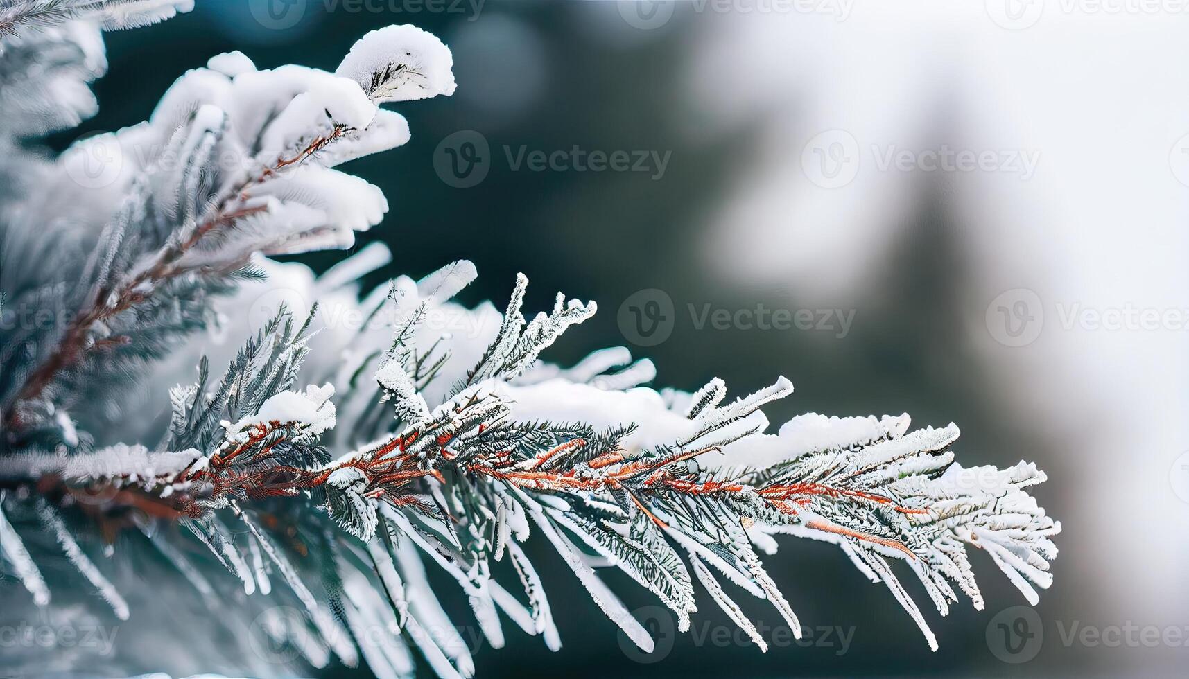 abeto rama con pino cono y nieve copos - Navidad Días festivos antecedentes. escarchado Navidad árbol al aire libre. invierno fondo, de cerca de escarchado pino rama en nevando con Copiar espacio. generativo ai. foto