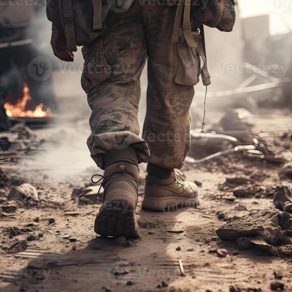close up Illustration of a military man walking on an empty destroyed environment. Destruction, war scene. Smoke and fog. Sad combat feeling. . photo