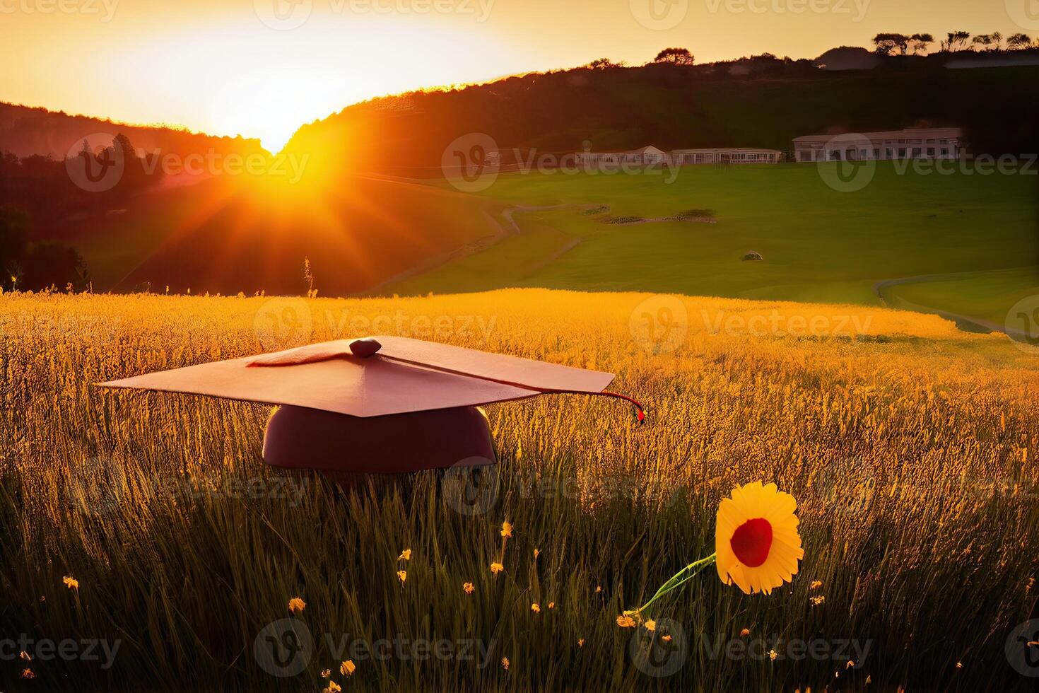 graduation cap, hat with a beautiful view. abstract landscape background Empty ready for your product display or montage. photo