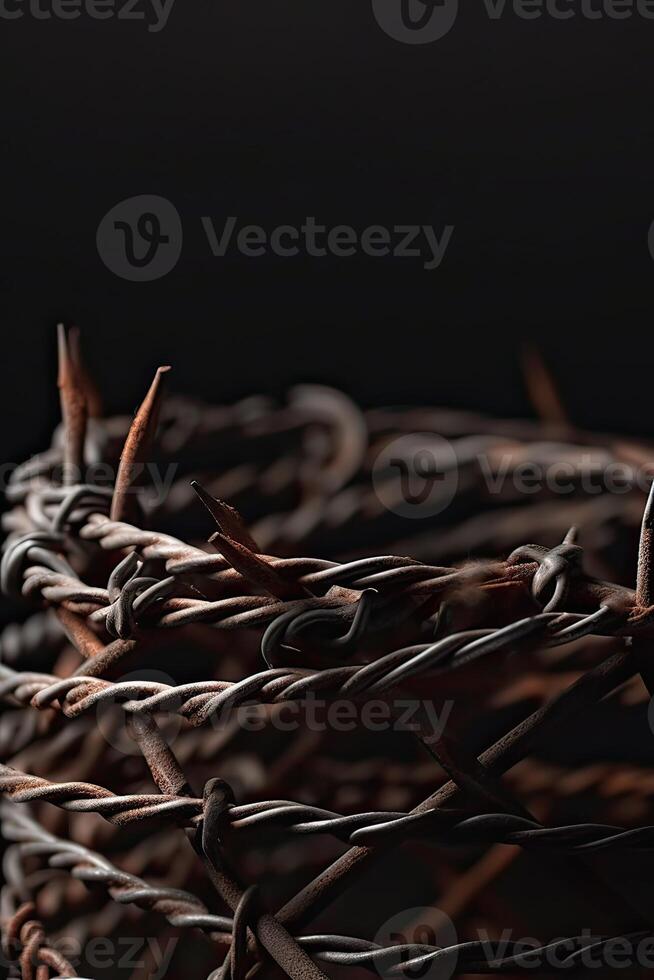 Wire barb, prison cell seamless border, jailhouse, old rusty and new barbwire fence. Boundary, territory defense steel barrier. . photo