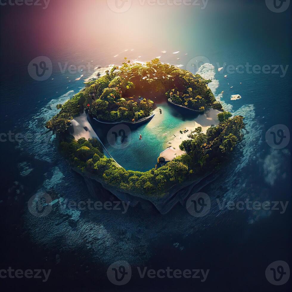 Aerial drone top view photo of small exotic atoll island with deep turquoise and emerald open ocean sea. Drone Photo of Beautiful view of floating island top view.