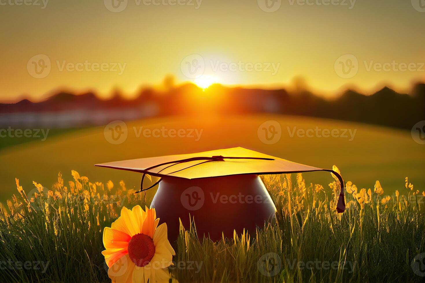 graduation cap, hat with a beautiful view. abstract landscape background Empty ready for your product display or montage. photo