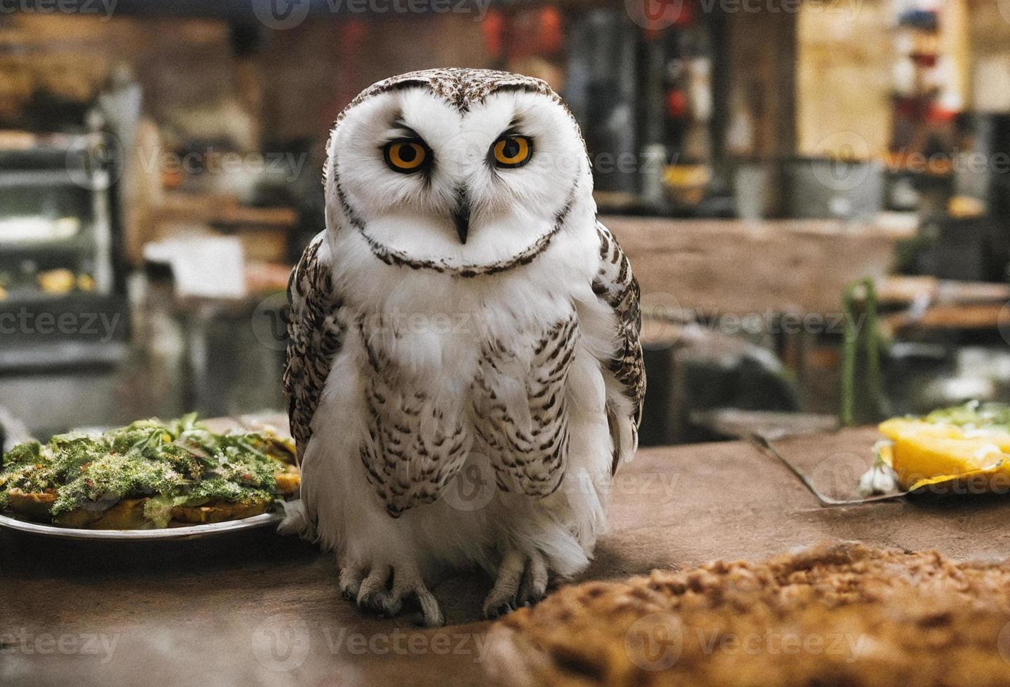 A snowy owl sits on a table next to a plate of food. photo