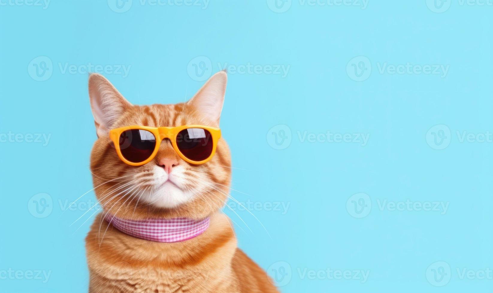 Portrait of funny cat wearing sunglasses on blue background photo