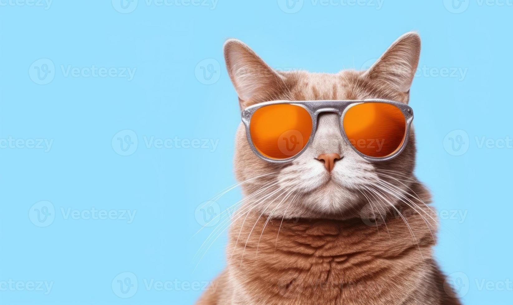 Portrait of funny cat wearing sunglasses on blue background photo