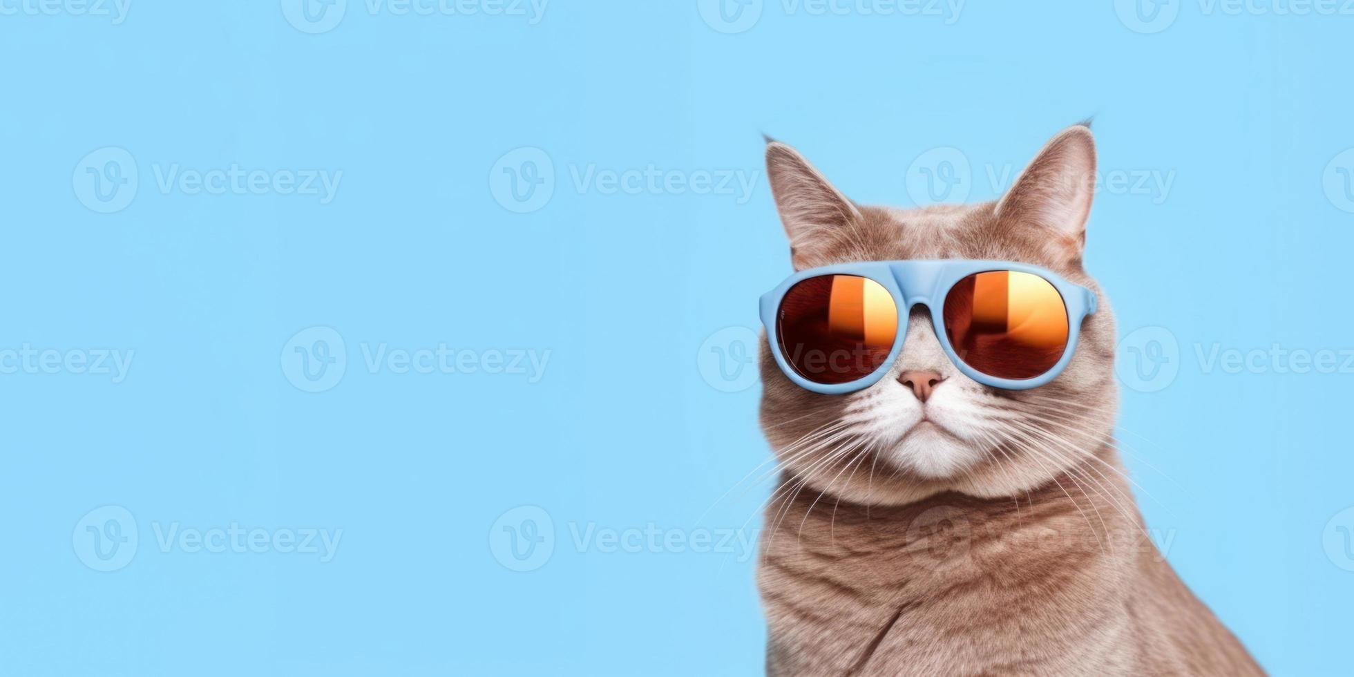 Portrait of funny cat wearing sunglasses on blue background photo