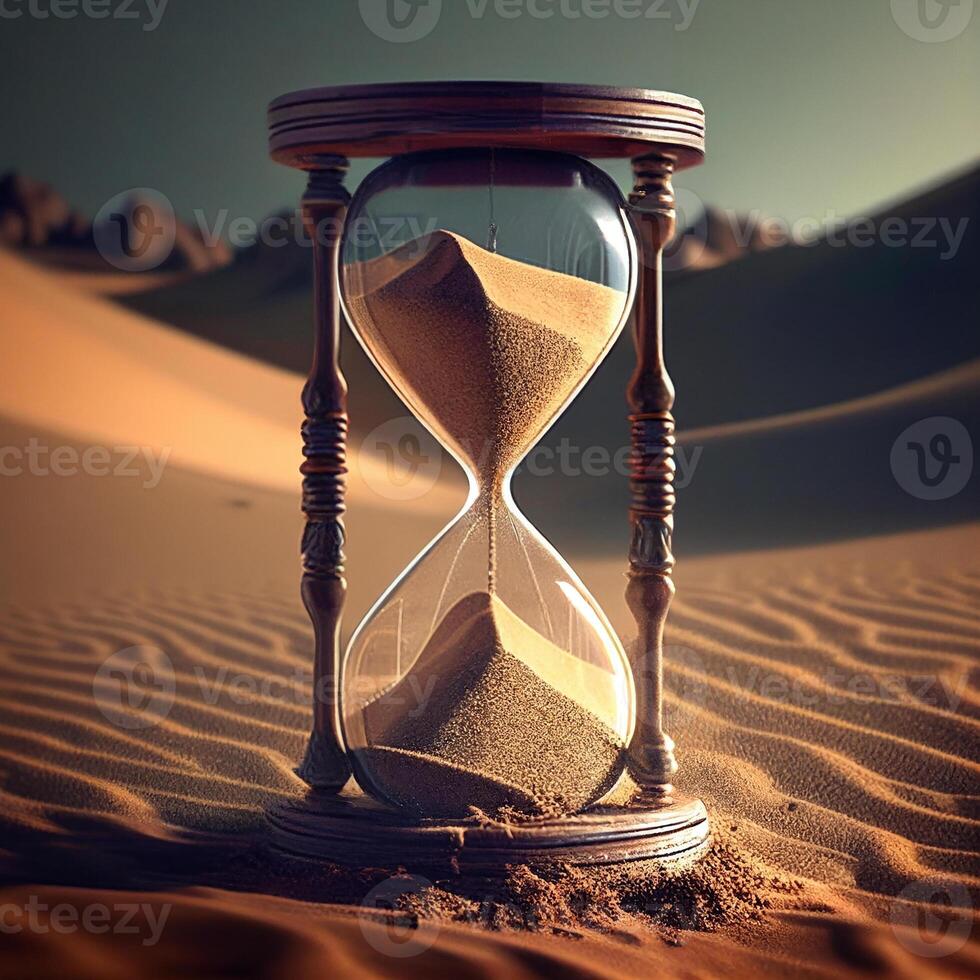 Hourglass on the background of the desert with sand. A symbol of life. photo