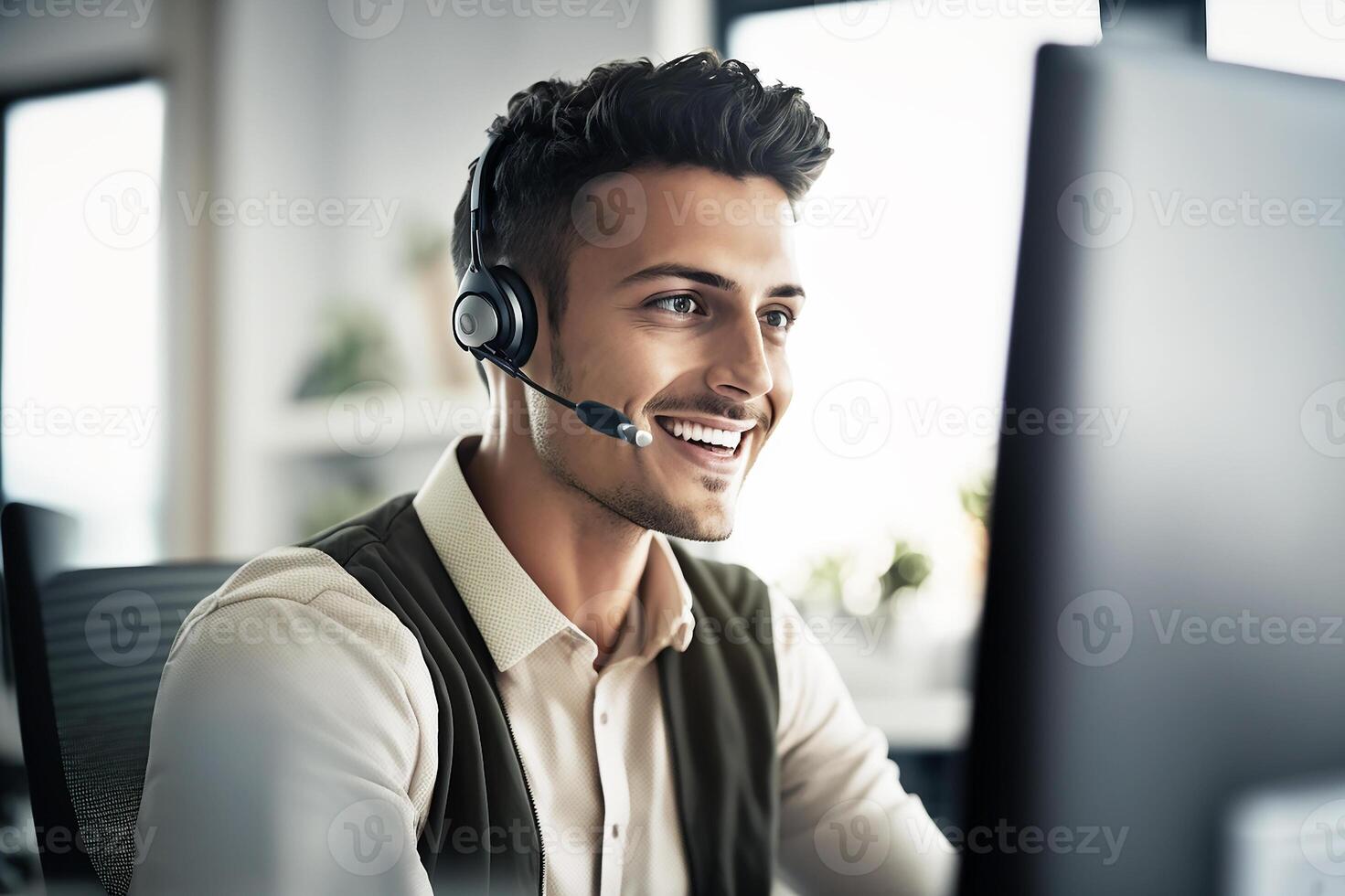 The Hindu is smiling, sitting at his desk in his headset, ready to pick up the phone and help customers. He works in a call center. . photo