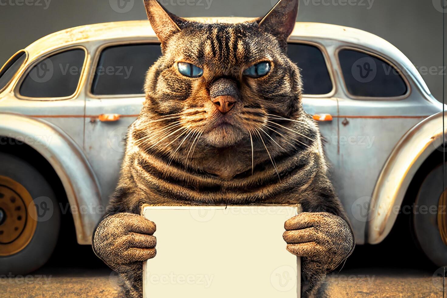 A cat with a sign. Promotional banner in the paws of a cat on the background of a retro car. Copy space. photo