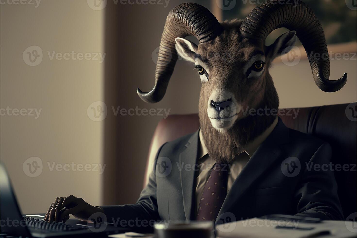 A sheepish boss in an office suit sits at his desk working on his computer in the office. . photo