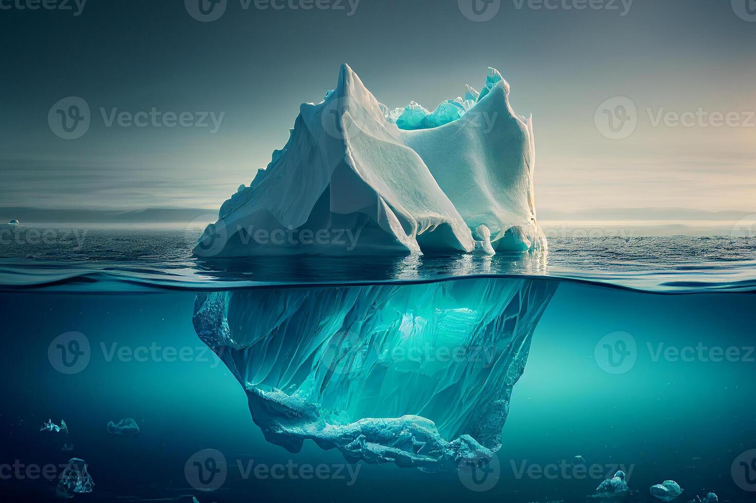 iceberg flotante en el mar, ver encima y abajo el agua. generativo ai foto