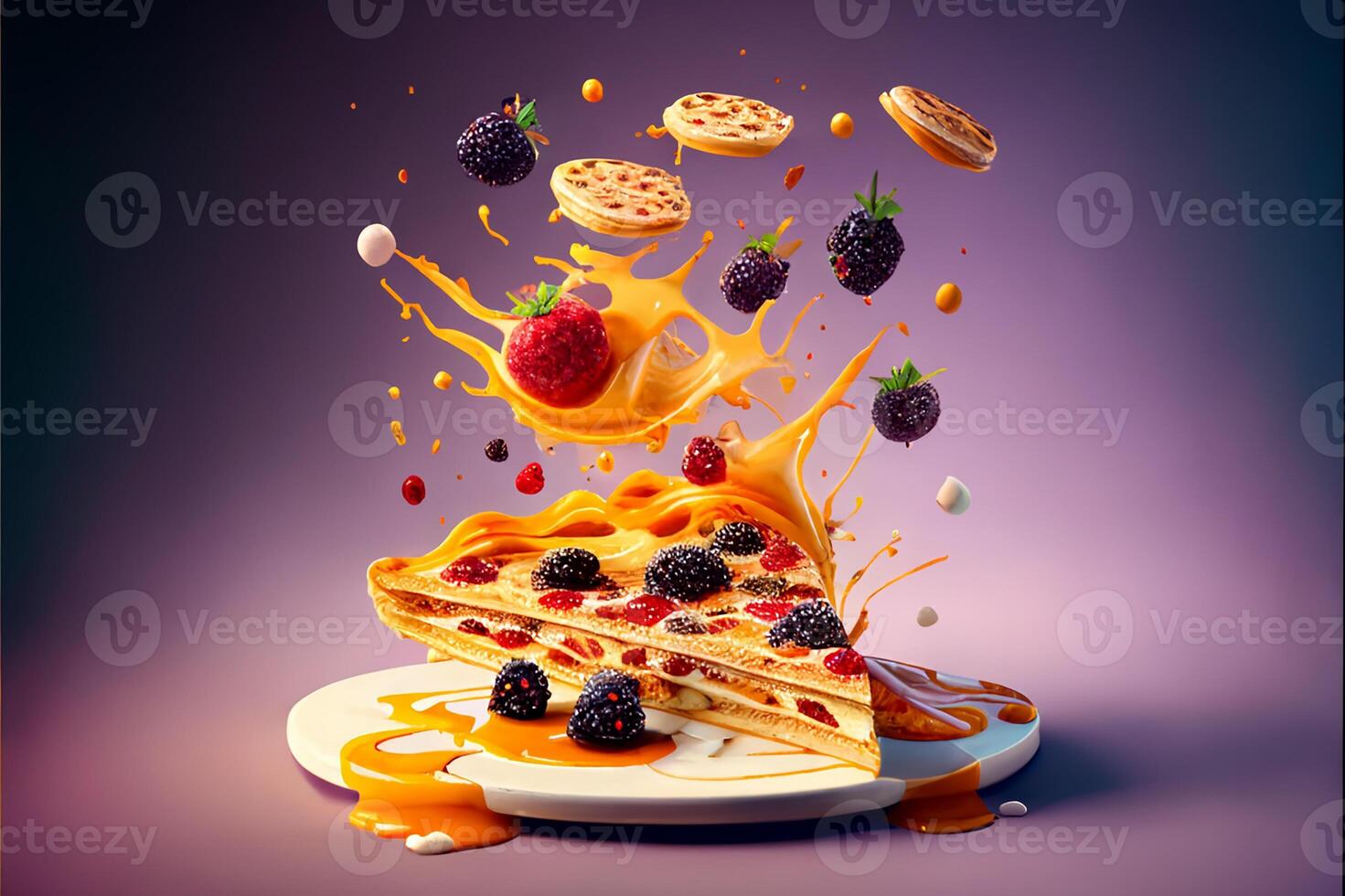 Pancake, different sweets and berries fall on a honey pancake. photo