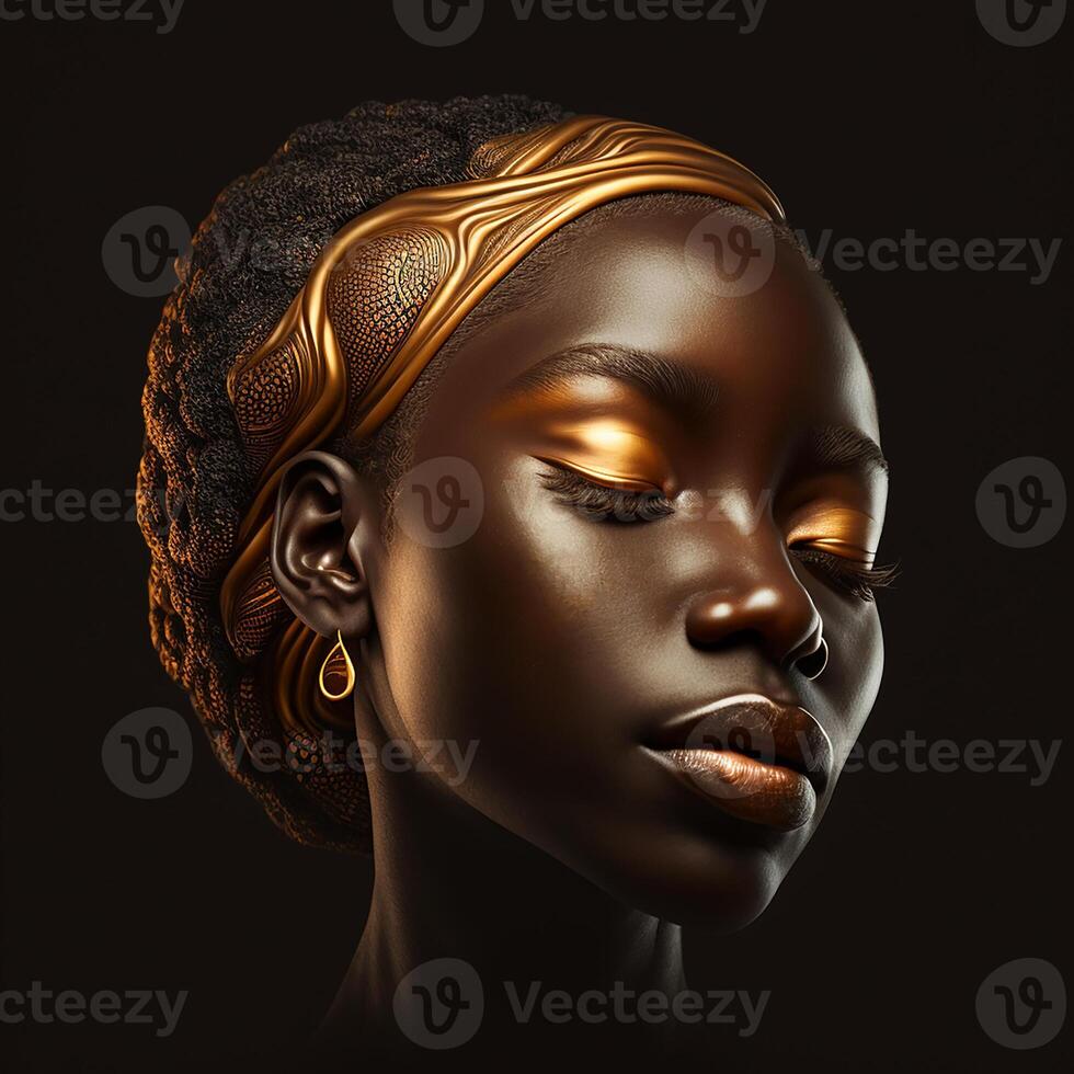 retrato de un africano mujer con cerrado ojos y hermosa dorado constituir. generativo ai foto