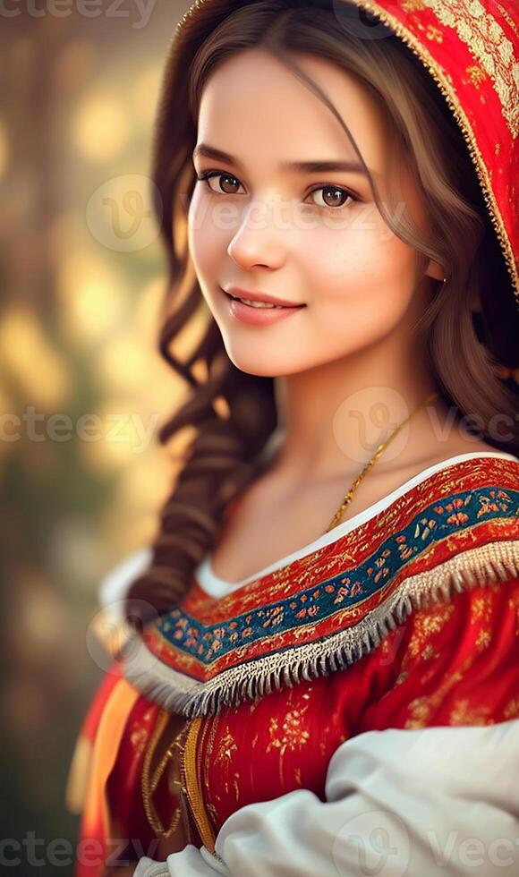 Portrait of a Slavic European girl in national costume. photo