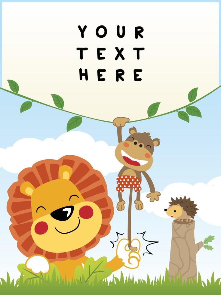 Template for text with animals cartoon, lion pulling monkeys tail, hedgehog in tree stump vector