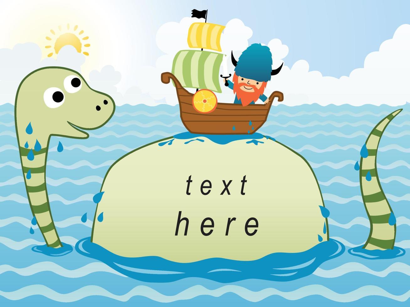 vector ilustración de dibujos animados vikingo en velero con un mar monstruo, modelo para texto