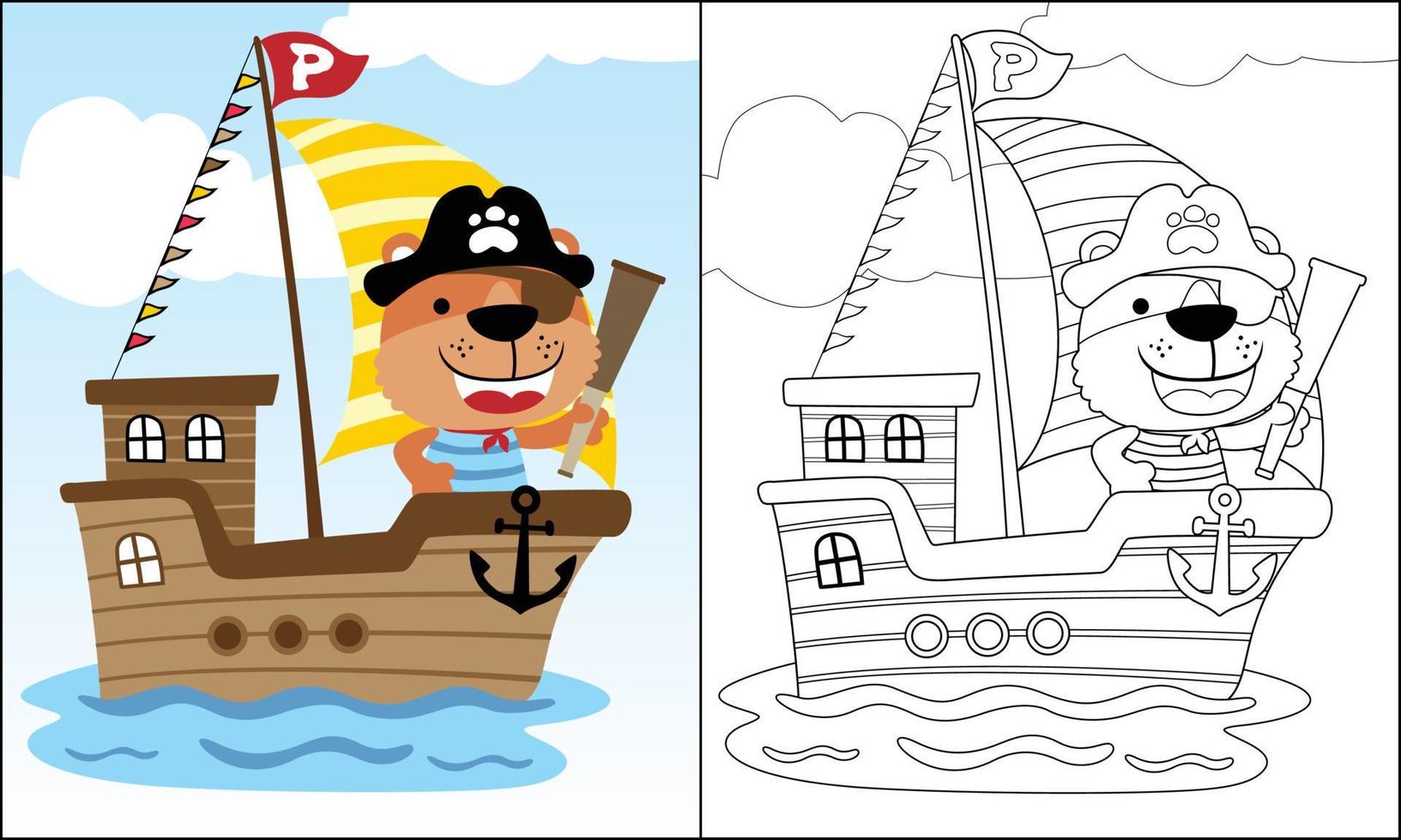 Funny cat cartoon in pirate costume on sailboat in the sea, coloring book or page vector