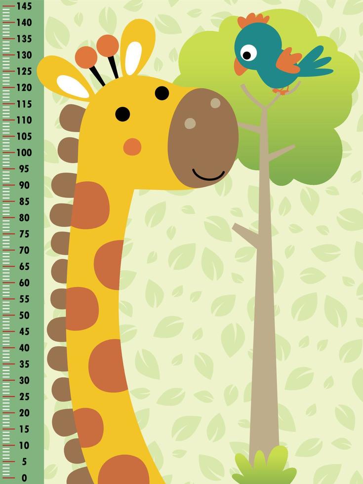Meter wall with cartoon giraffe and bird on leaves pattern background vector