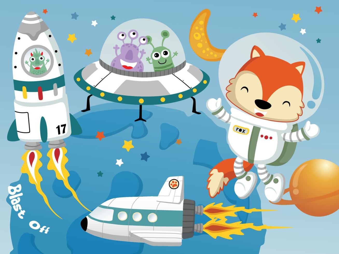 Vector illustration of cute fox in astronaut costume with aliens in spacecraft, space elements cartoon