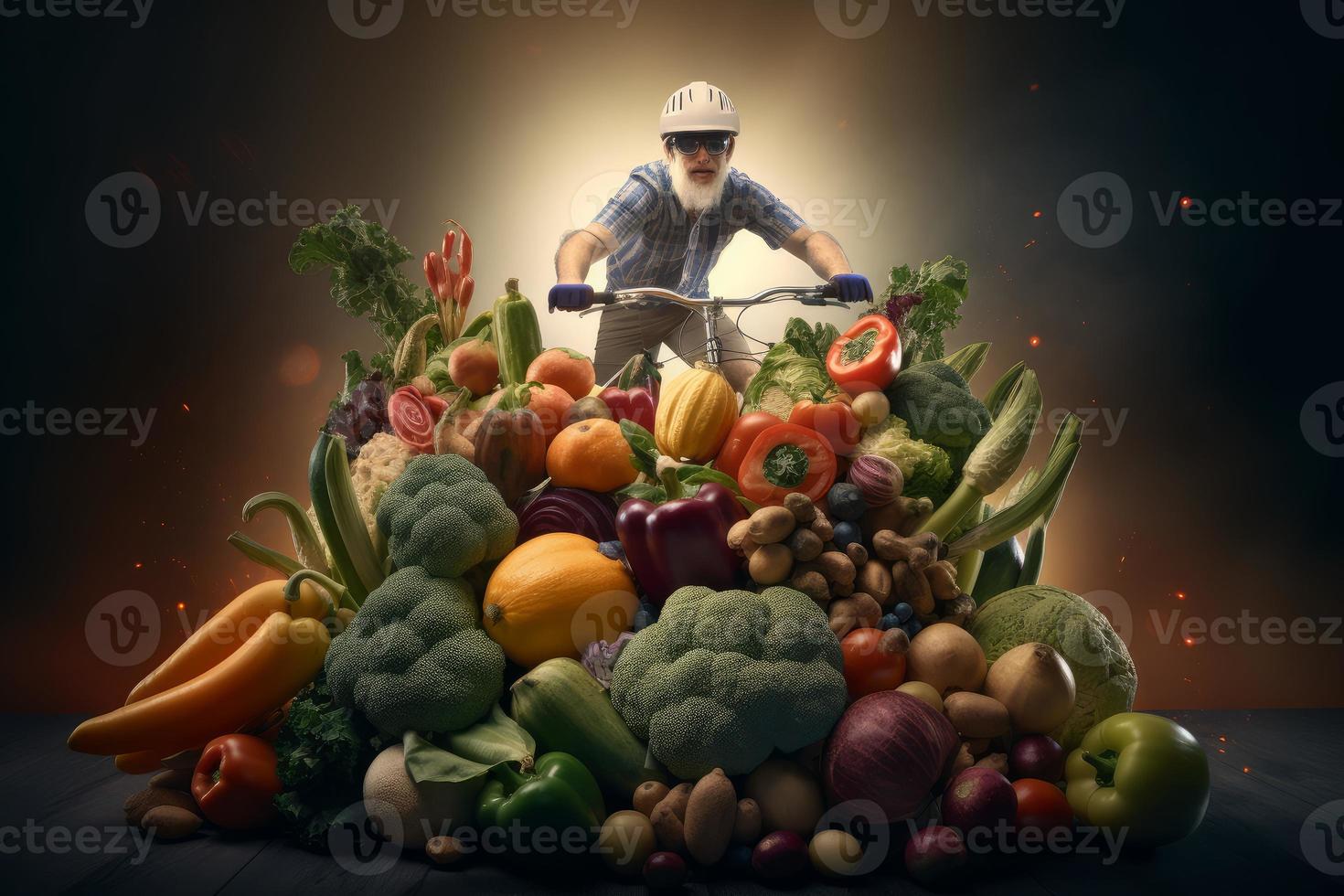Cyclist riding vegetables and fruits. Generate Ai photo