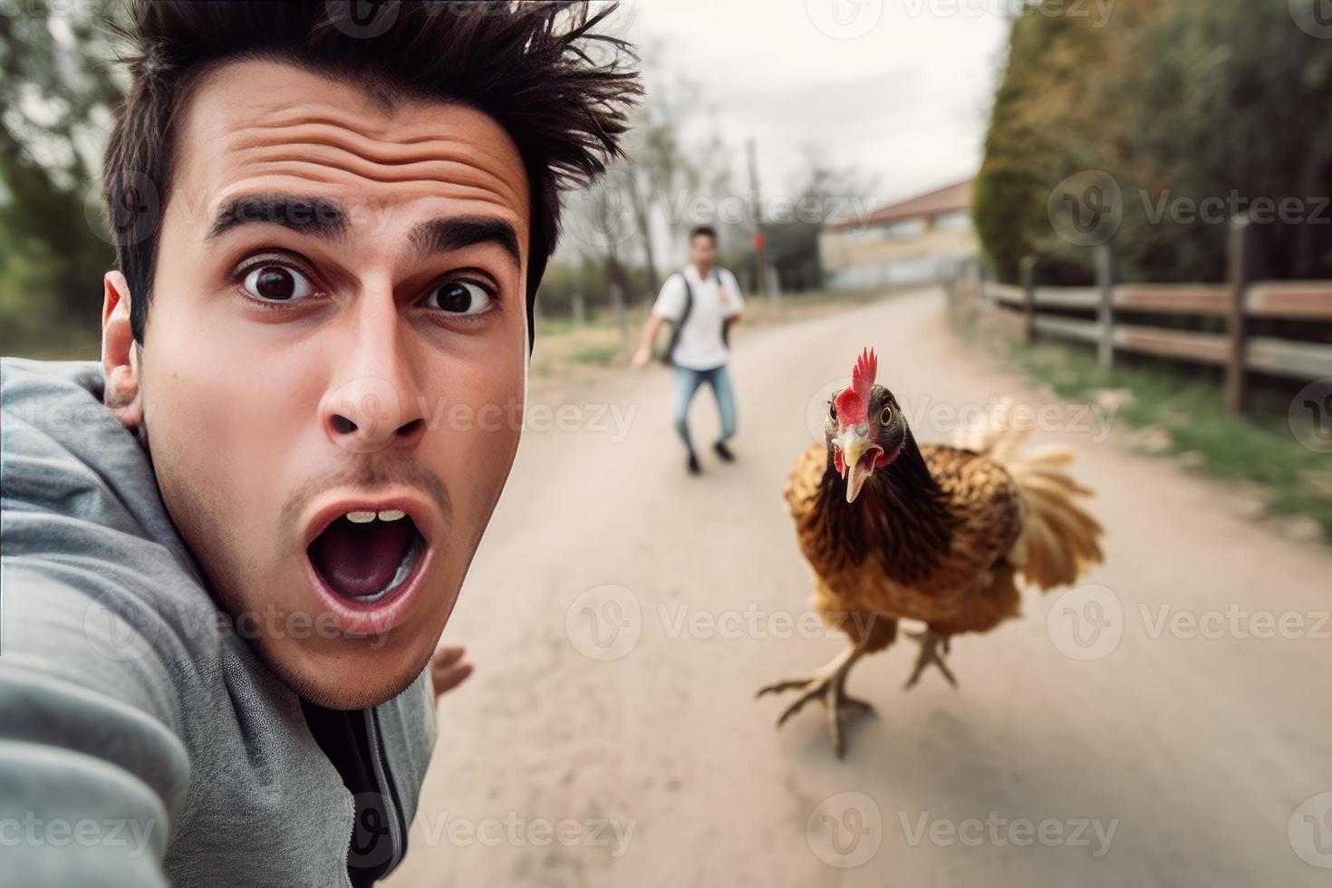 asustado hombre selfie con enojado pollo. generar ai foto